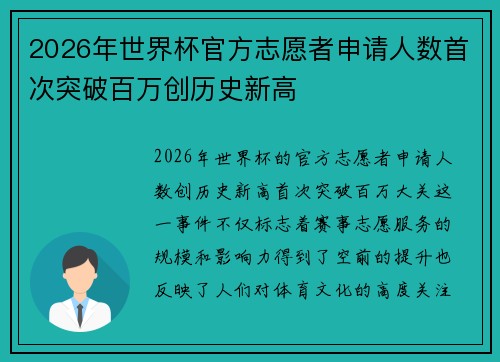 2026年世界杯官方志愿者申请人数首次突破百万创历史新高